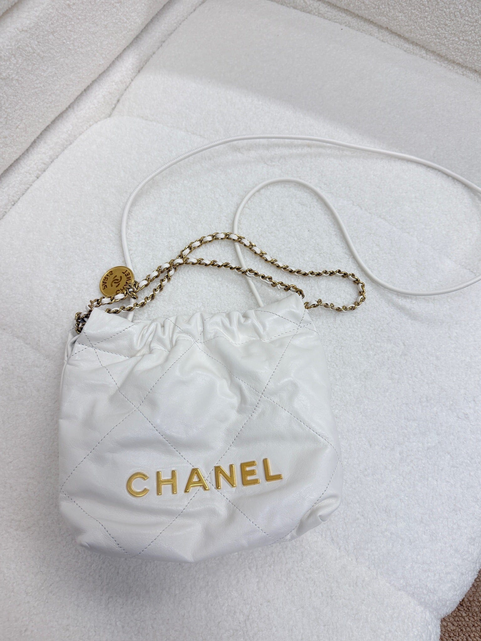 Iconn Boutique Chanel 22 Bag Mini White Calfskin with Gold Logo and Chain-Strap Hobo Bag
