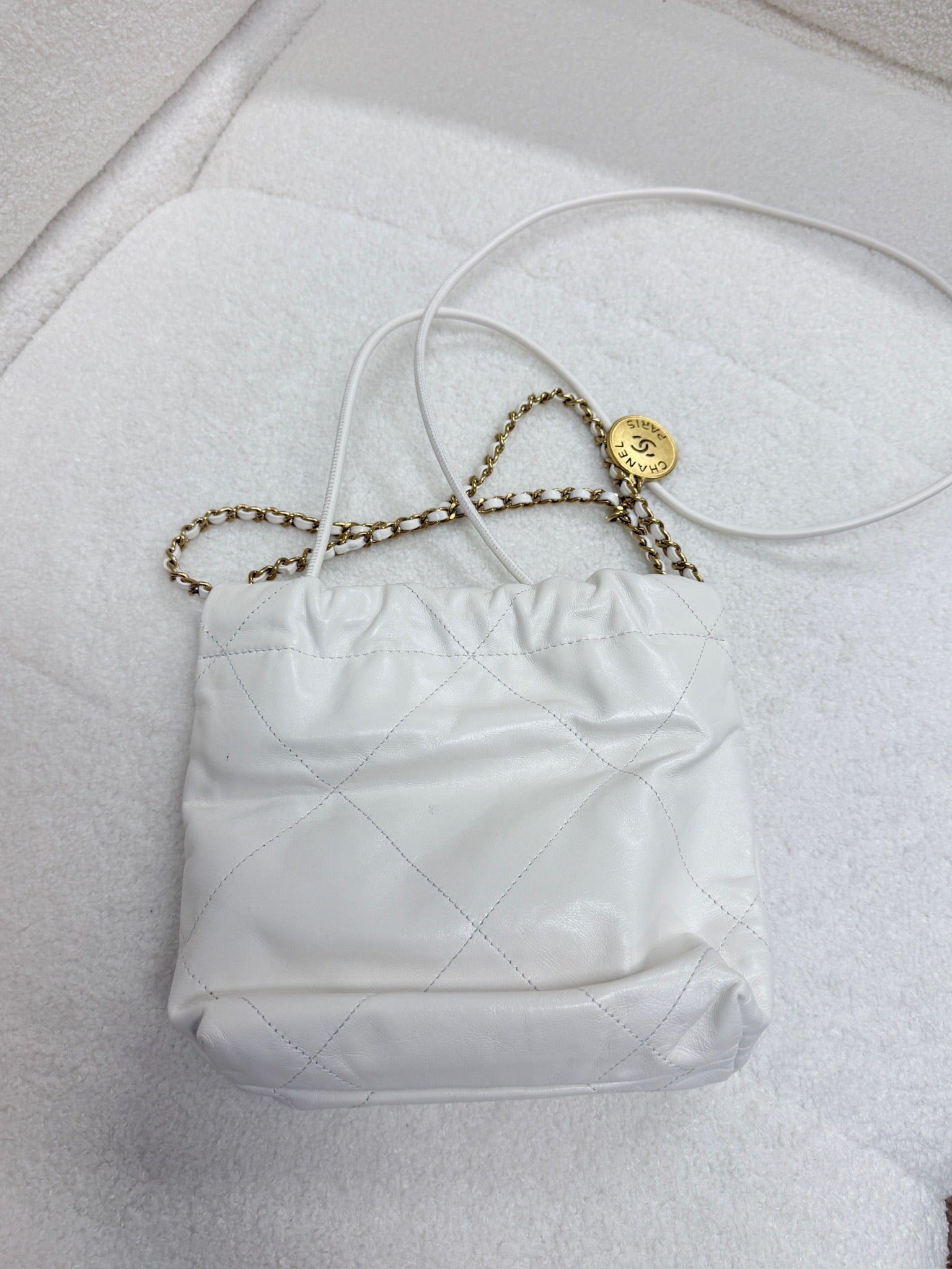 Iconn Boutique Chanel 22 Bag Mini White Calfskin with Gold Logo and Chain-Strap Hobo Bag