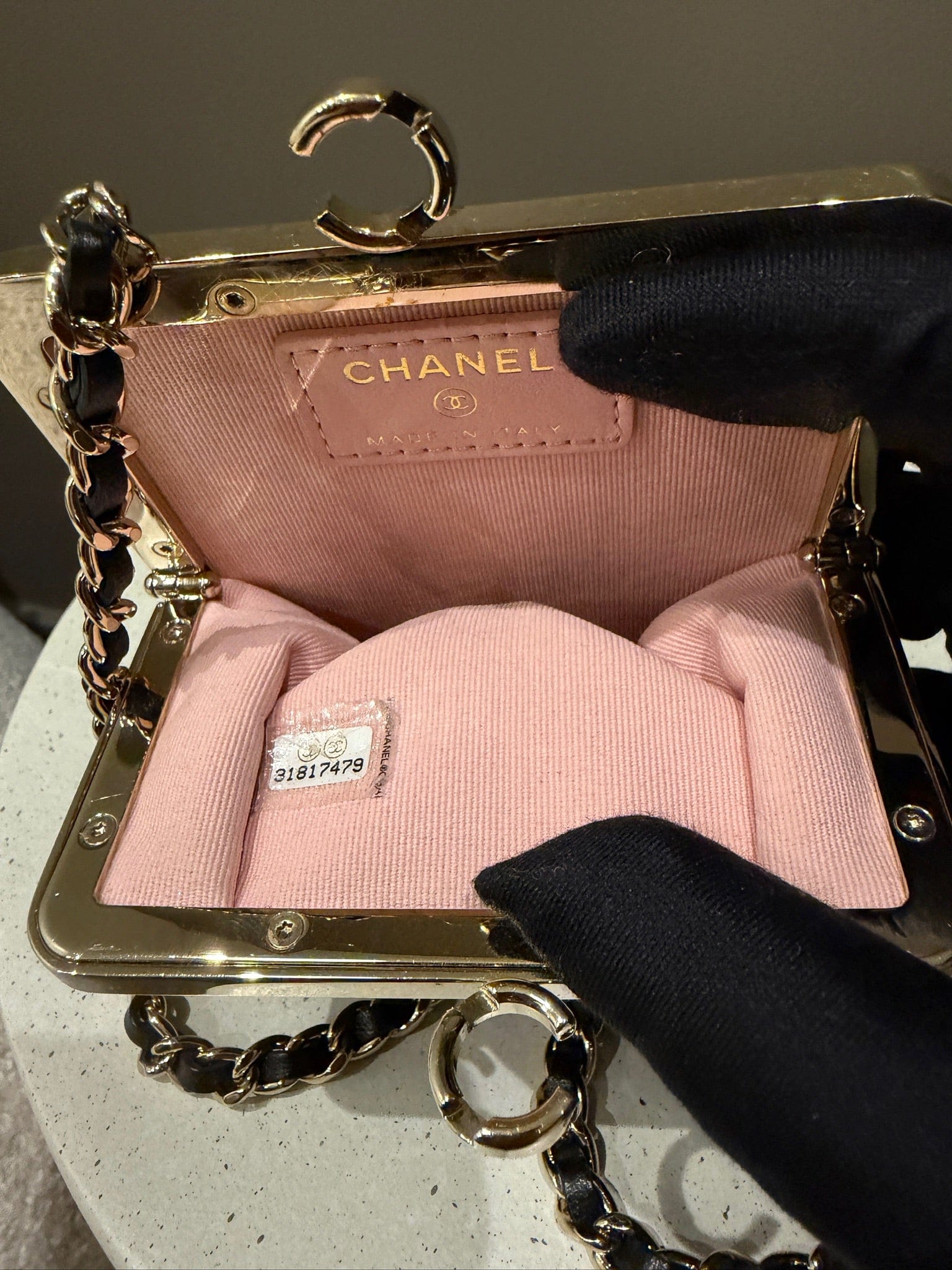 Iconn Boutique Chanel Black Kiss Plexi Clutch on Chain GHW