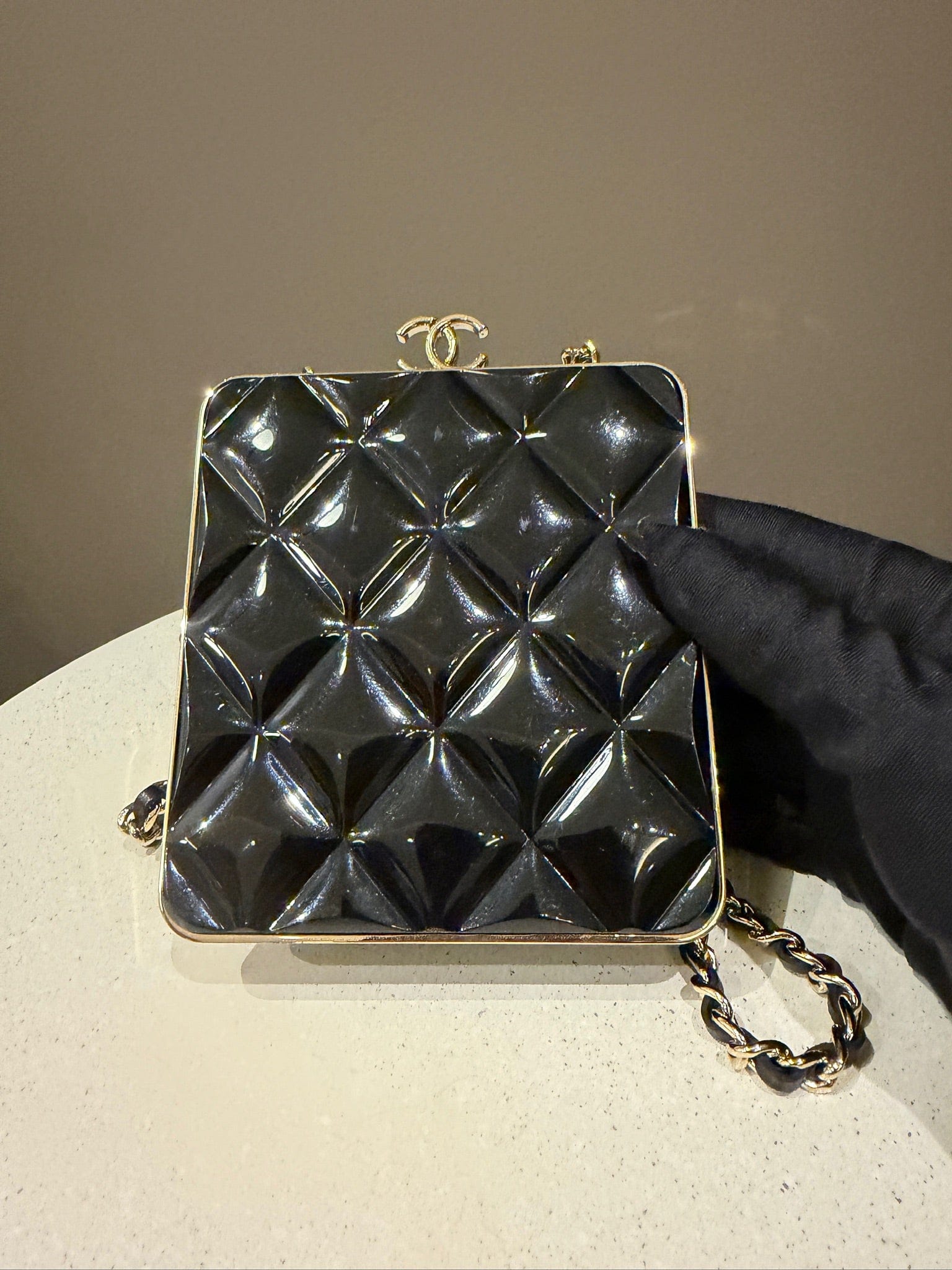 Iconn Boutique Chanel Black Kiss Plexi Clutch on Chain GHW