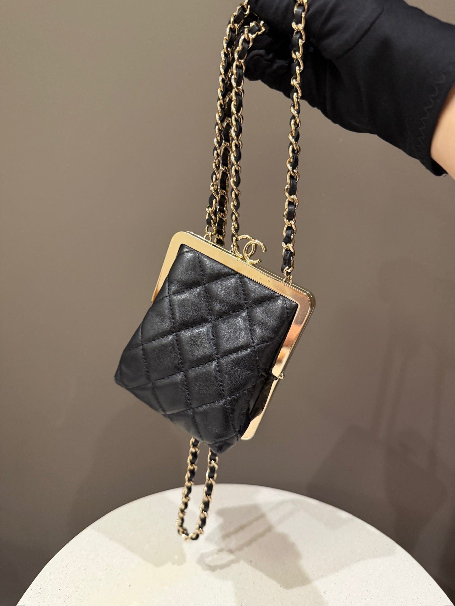 Iconn Boutique Chanel Black Kiss Plexi Clutch on Chain GHW