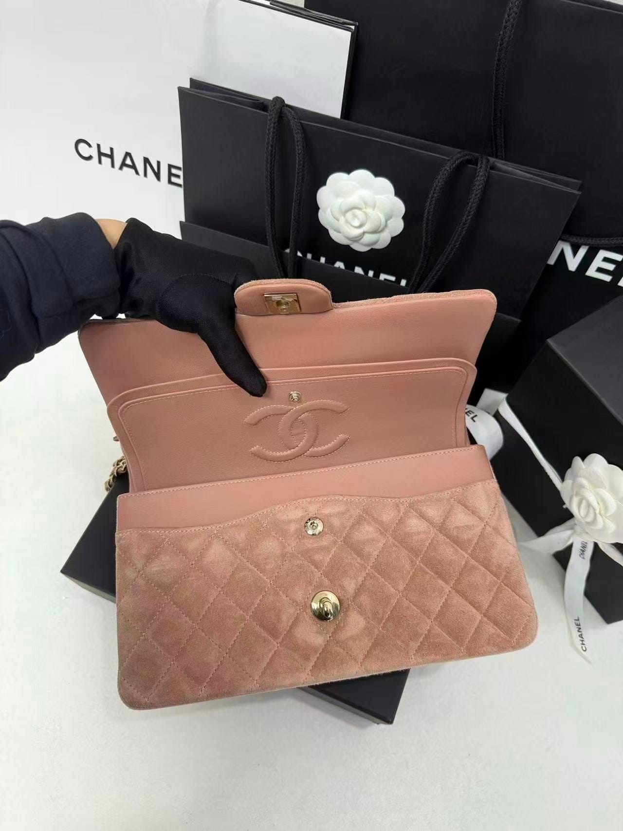 Iconn Boutique Chanel Classic Flap Medium Pink Velvet Gold Hardware Shoulder Bag