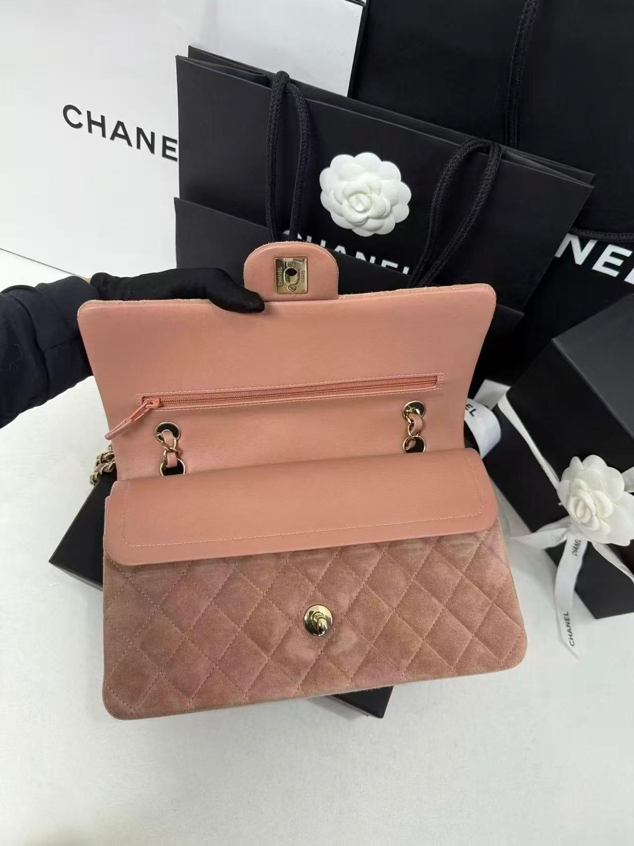 Iconn Boutique Chanel Classic Flap Medium Pink Velvet Gold Hardware Shoulder Bag