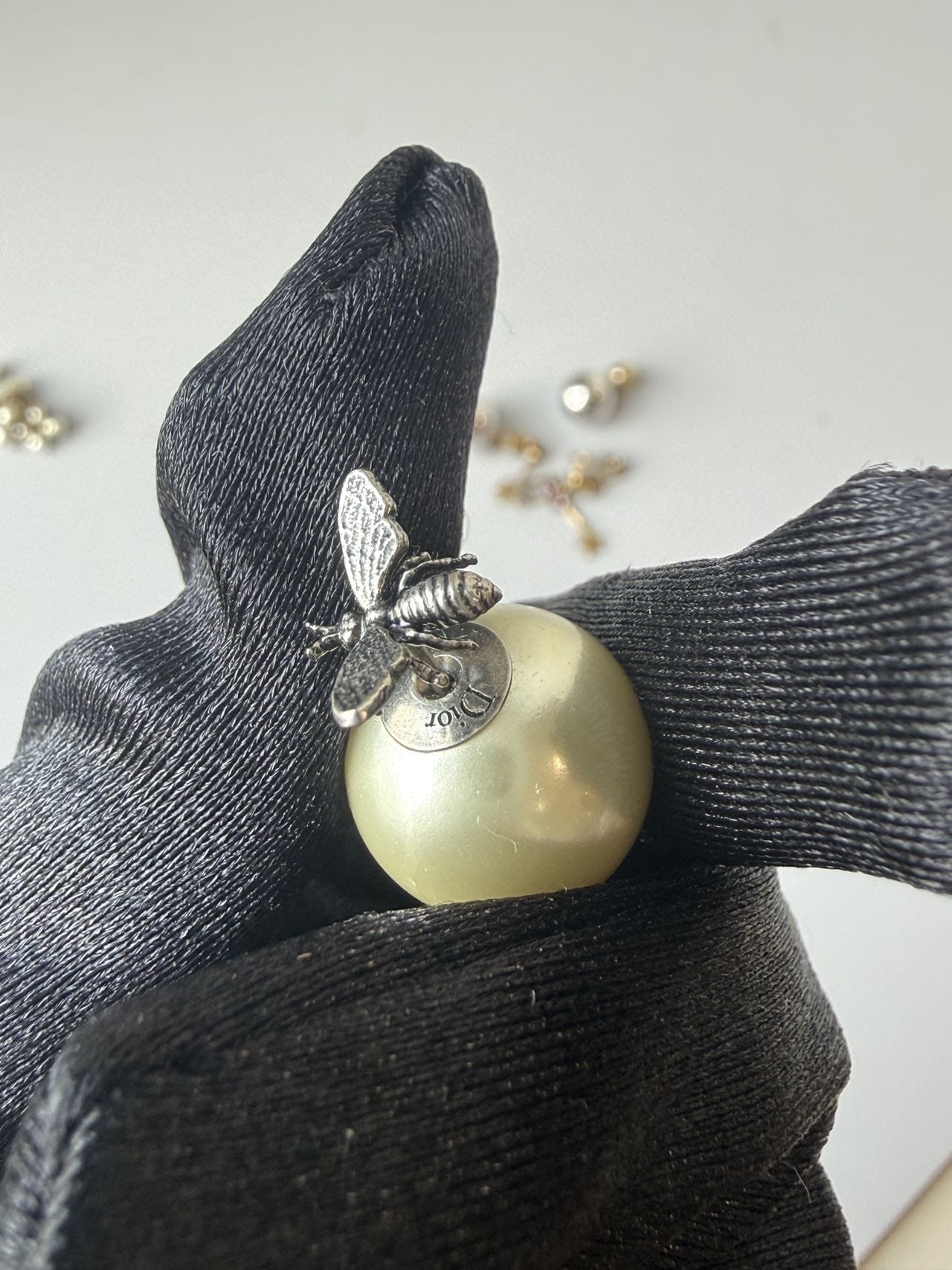 Iconn Boutique Dior Bee Faux Pearl Stud Earrings in Silver-Tone Metal