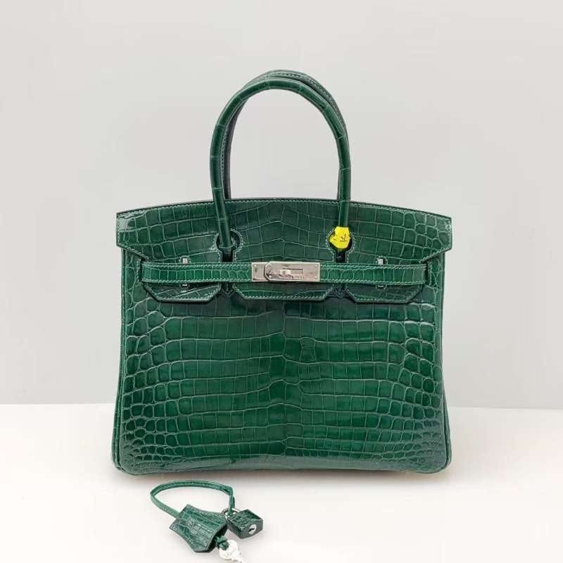 Iconn Boutique Hermes Birkin 30 Shiny Niloticus Crocodile Emerald Green PHW -Stamp Square Q