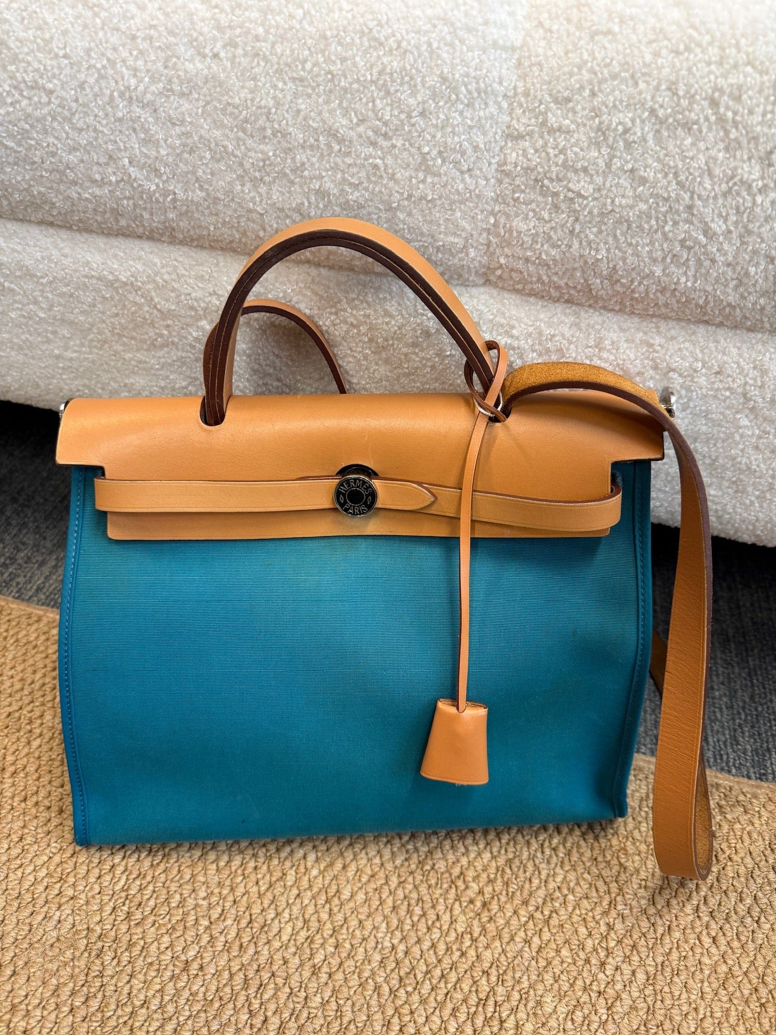 Iconn Boutique Hermès Herbag 31 Blue Canvas Gold Brown Leather Palladium Hardware Square Q Stamp