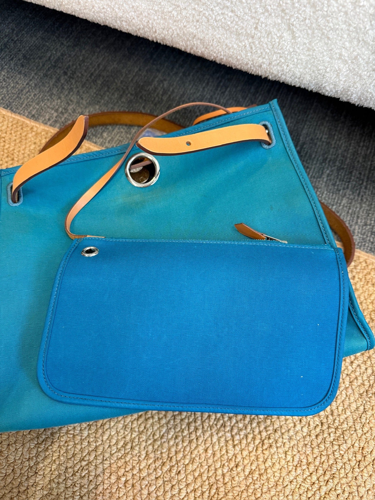 Iconn Boutique Hermès Herbag 31 Blue Canvas Gold Brown Leather Palladium Hardware Square Q Stamp