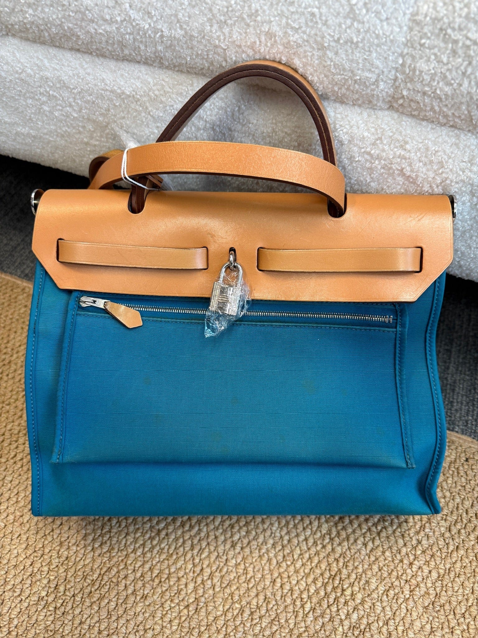 Iconn Boutique Hermès Herbag 31 Blue Canvas Gold Brown Leather Palladium Hardware Square Q Stamp