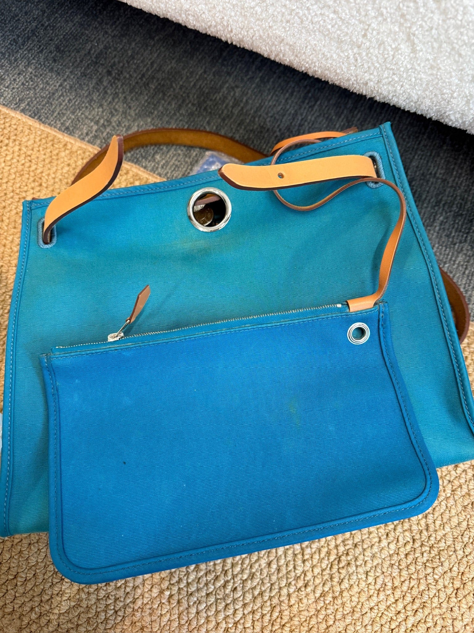 Iconn Boutique Hermès Herbag 31 Blue Canvas Gold Brown Leather Palladium Hardware Square Q Stamp