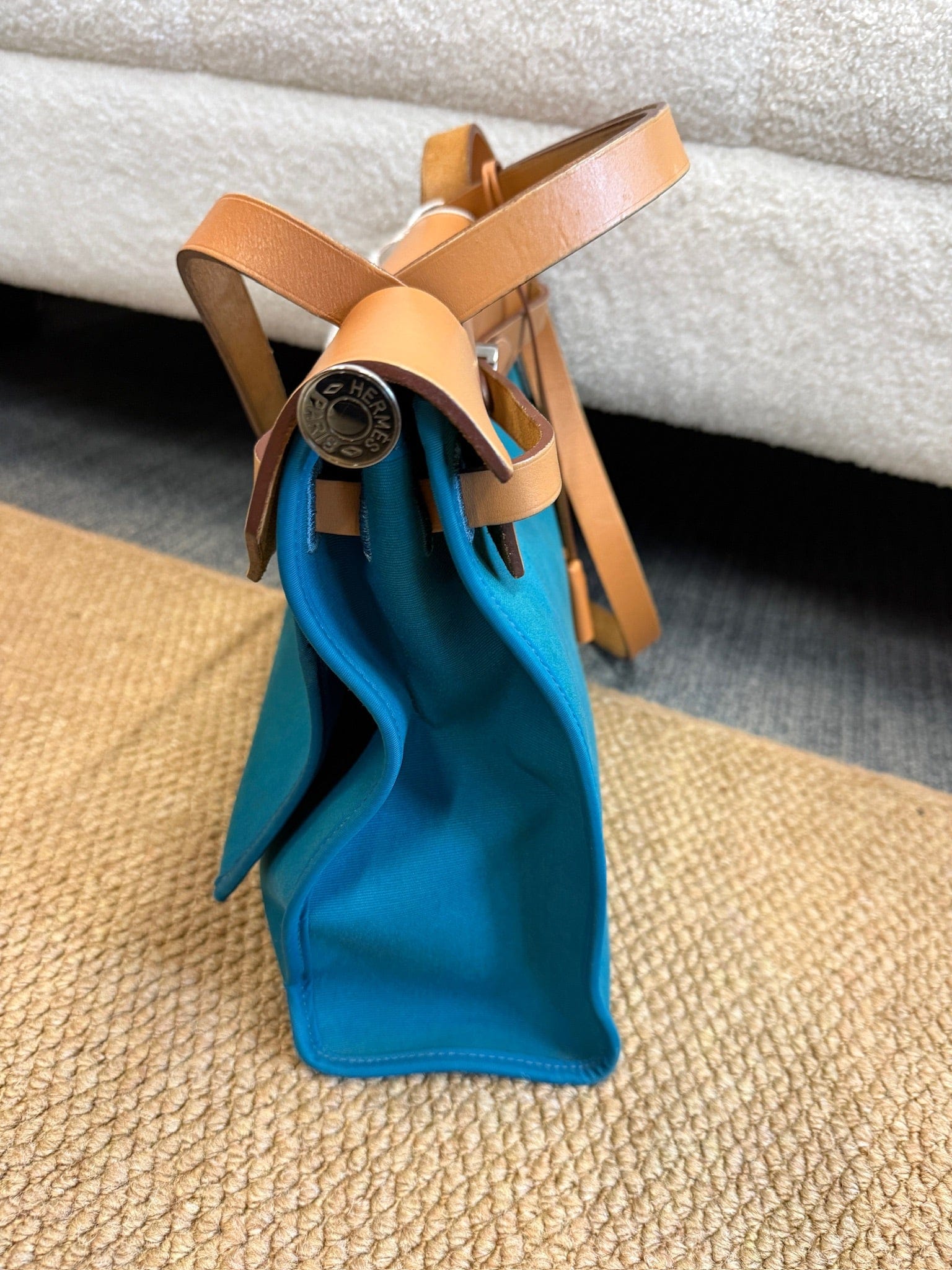 Iconn Boutique Hermès Herbag 31 Blue Canvas Gold Brown Leather Palladium Hardware Square Q Stamp