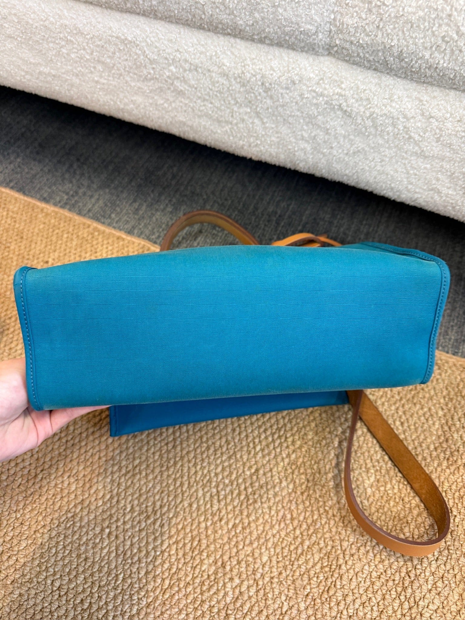Iconn Boutique Hermès Herbag 31 Blue Canvas Gold Brown Leather Palladium Hardware Square Q Stamp