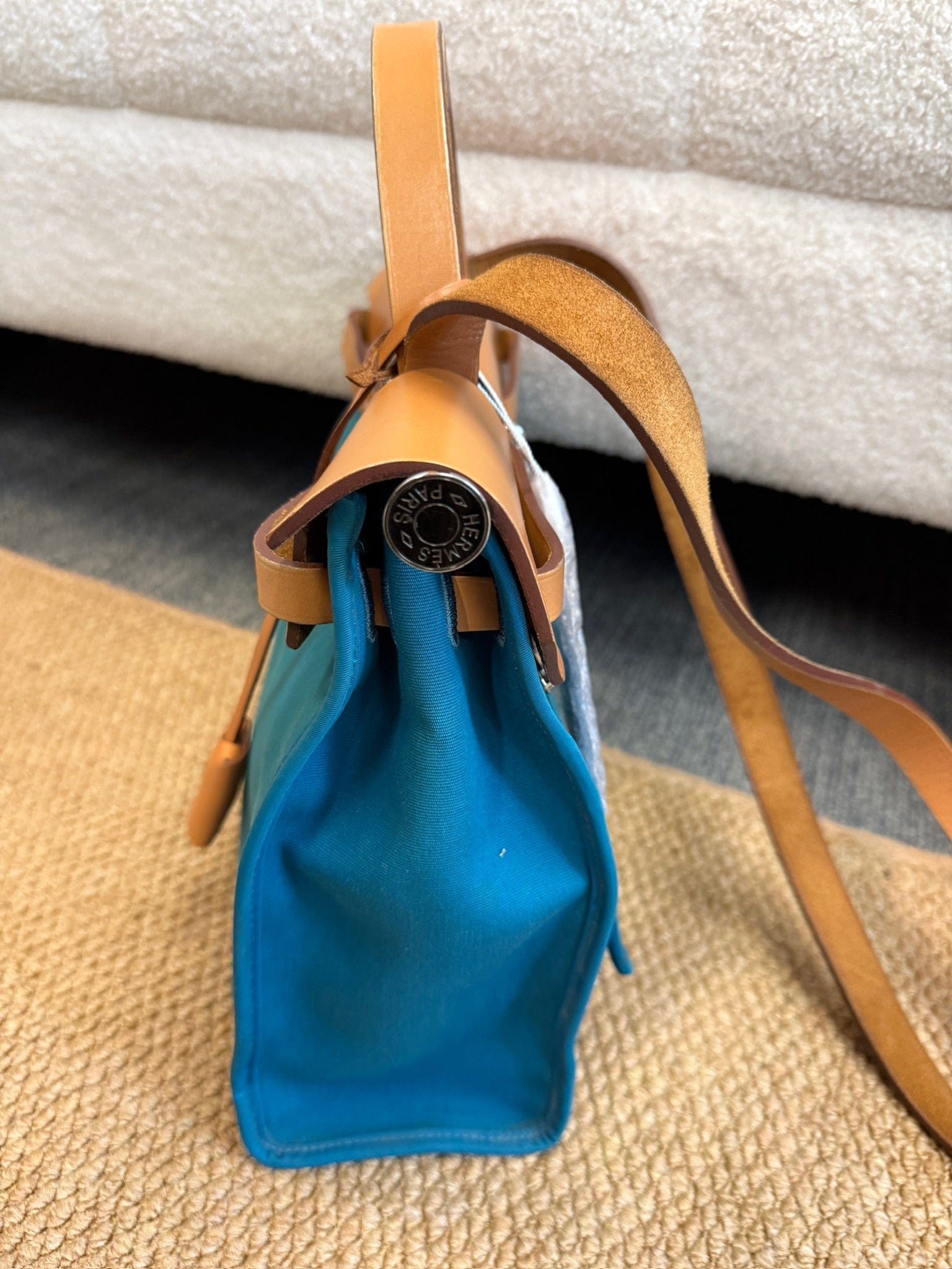 Iconn Boutique Hermès Herbag 31 Blue Canvas Gold Brown Leather Palladium Hardware Square Q Stamp