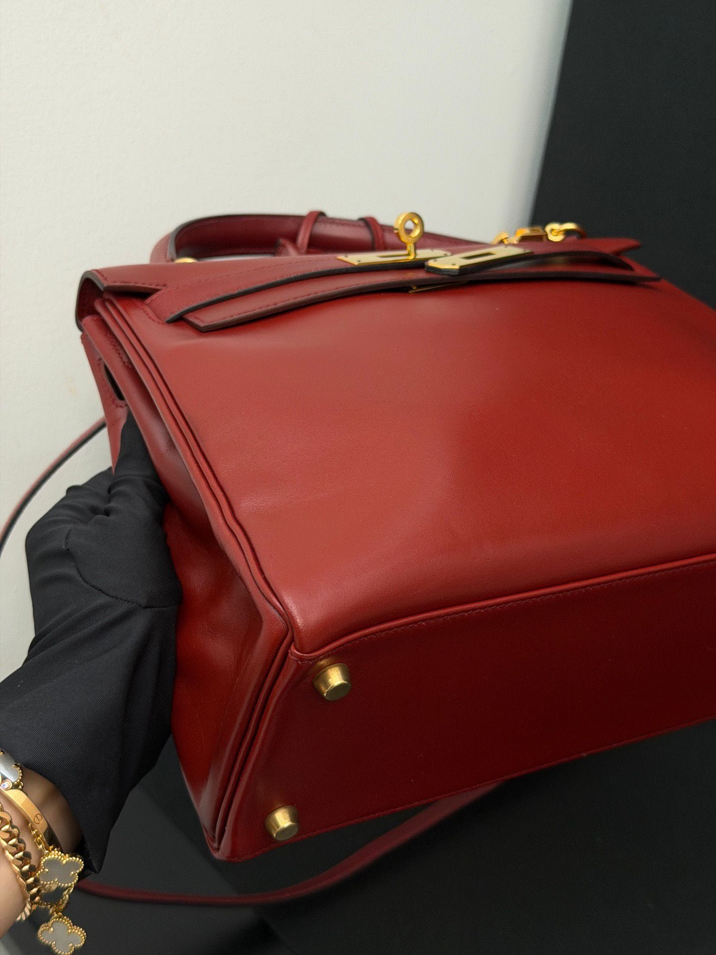 Iconn Boutique Hermes Kelly 28 box leather red gold hardware-Stamp Circle W