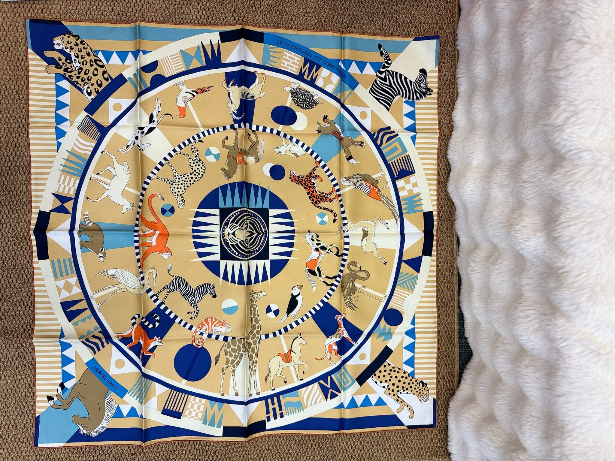 Iconn Boutique Hermès “Le Carrousel du Tigre Royal” 90cm Silk Scarf – Whimsical Animal Motif