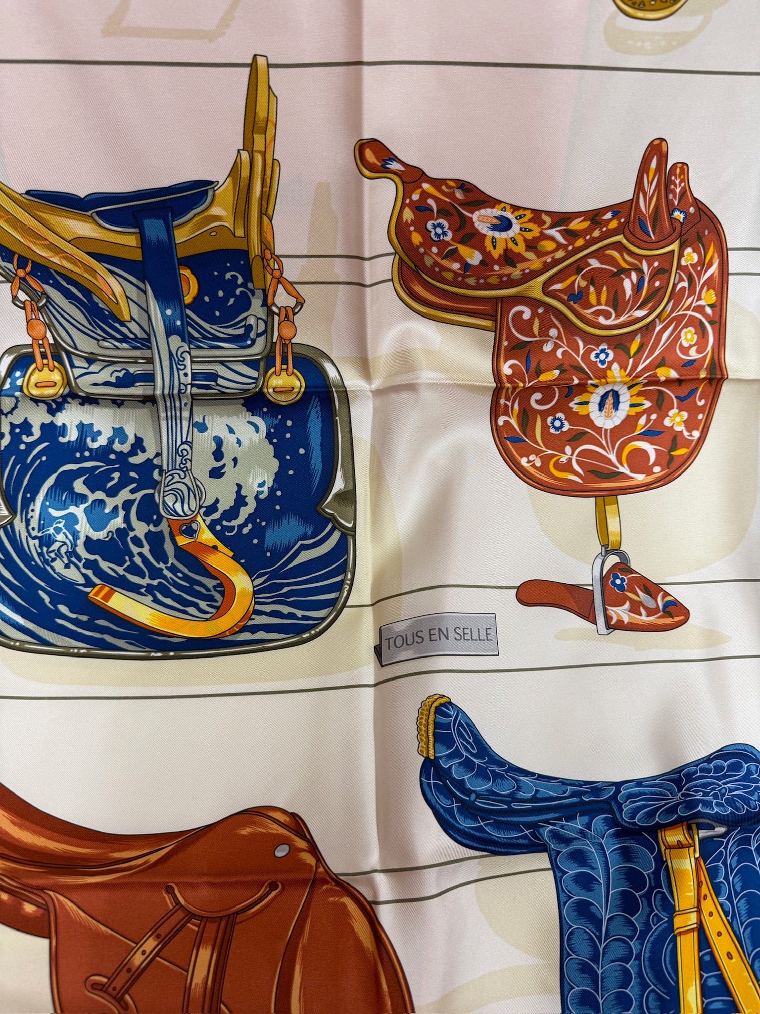 Iconn Boutique Hermès "Tous en Selle" 90cm Silk Scarf – Equestrian Saddle & Bridle Motif – 2025 Spring/Summer Collection