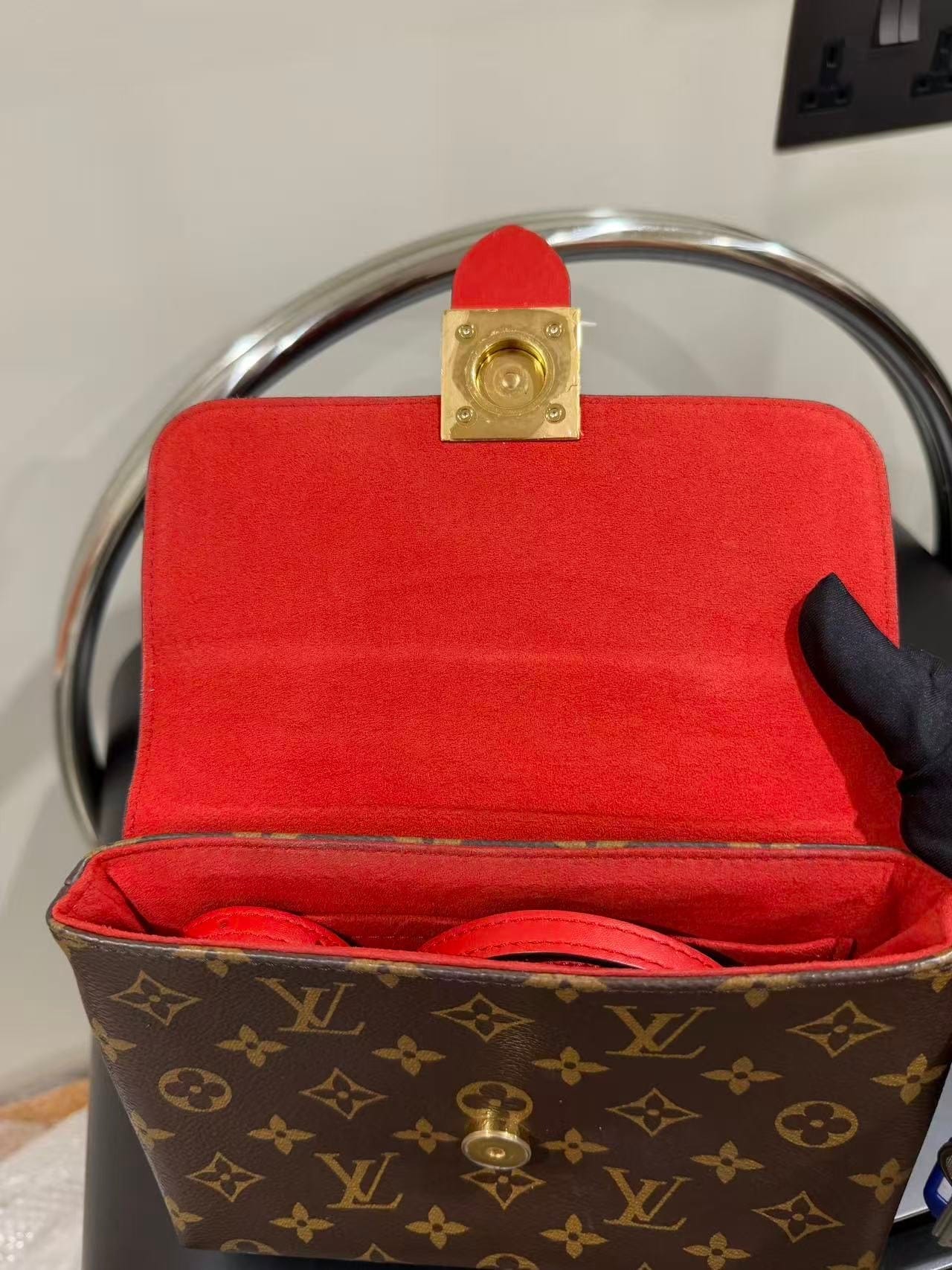 Iconn Boutique Louis Vuitton Locky BB | Monogram & Red Leather Mini Top Handle Bag