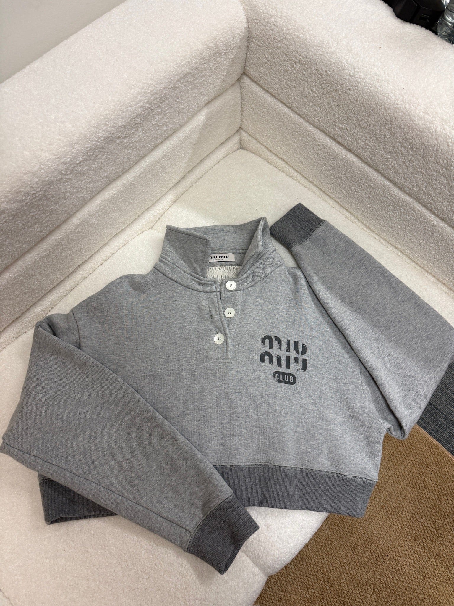 Iconn Boutique Miu Miu Grey Logo Tape Polo Shirt - Cotton Jersey Long Sleeve Top with Contrast Trim