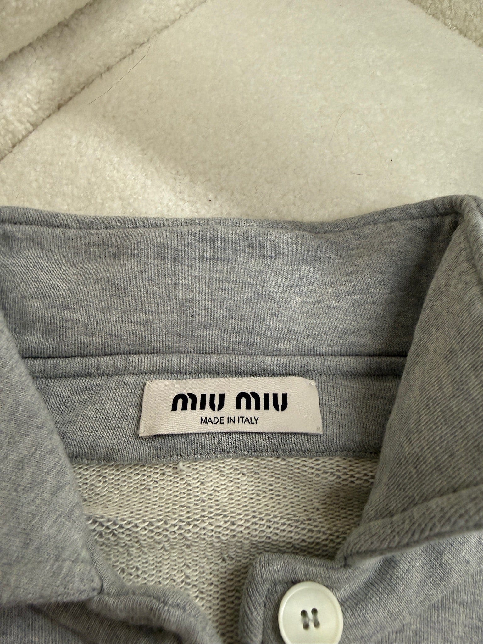 Iconn Boutique Miu Miu Grey Logo Tape Polo Shirt - Cotton Jersey Long Sleeve Top with Contrast Trim