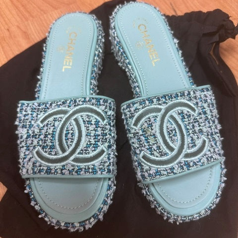 121. Chanel Blue Tweed Slides - Size 39