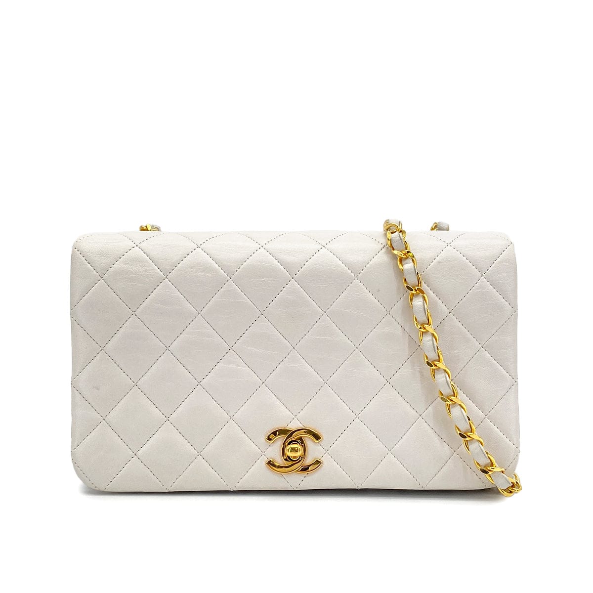 JAPAN VINTAGE CHANEL FULL FLAP CHAIN SHOULDER BAG WHITE LAMB SKIN GOLD HARDWARE 90311832