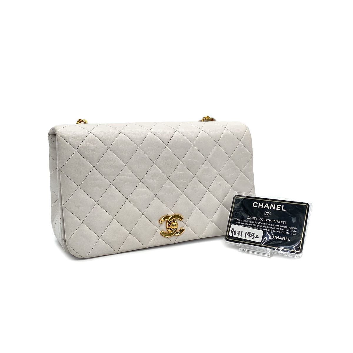 JAPAN VINTAGE CHANEL FULL FLAP CHAIN SHOULDER BAG WHITE LAMB SKIN GOLD HARDWARE 90311832
