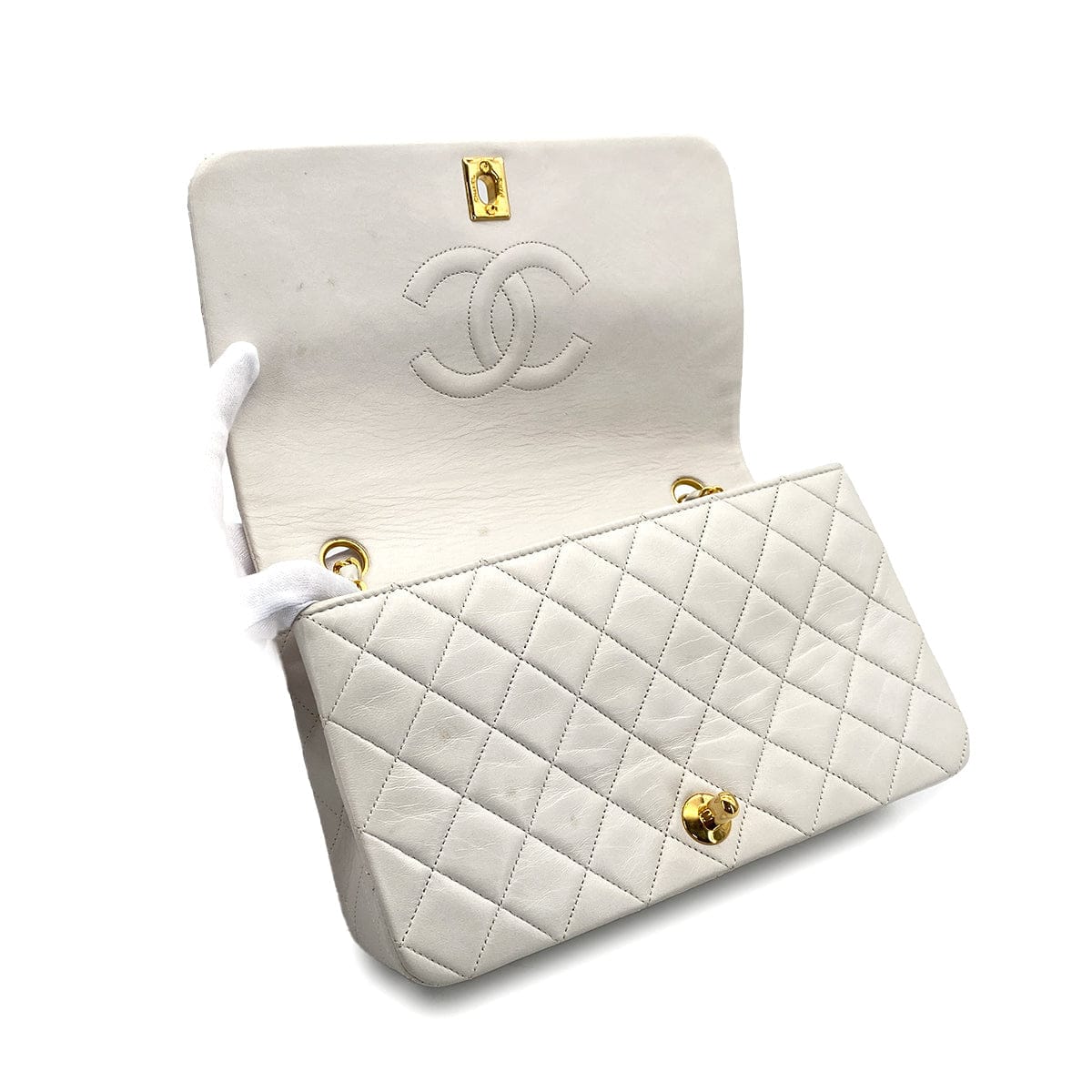 JAPAN VINTAGE CHANEL FULL FLAP CHAIN SHOULDER BAG WHITE LAMB SKIN GOLD HARDWARE 90311832