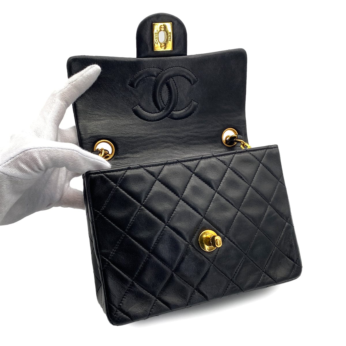 JAPAN VINTAGE CHANEL MINI SQUARE 17 CHAIN SHOULDER BAG BLACK LAMB SKIN 90324819