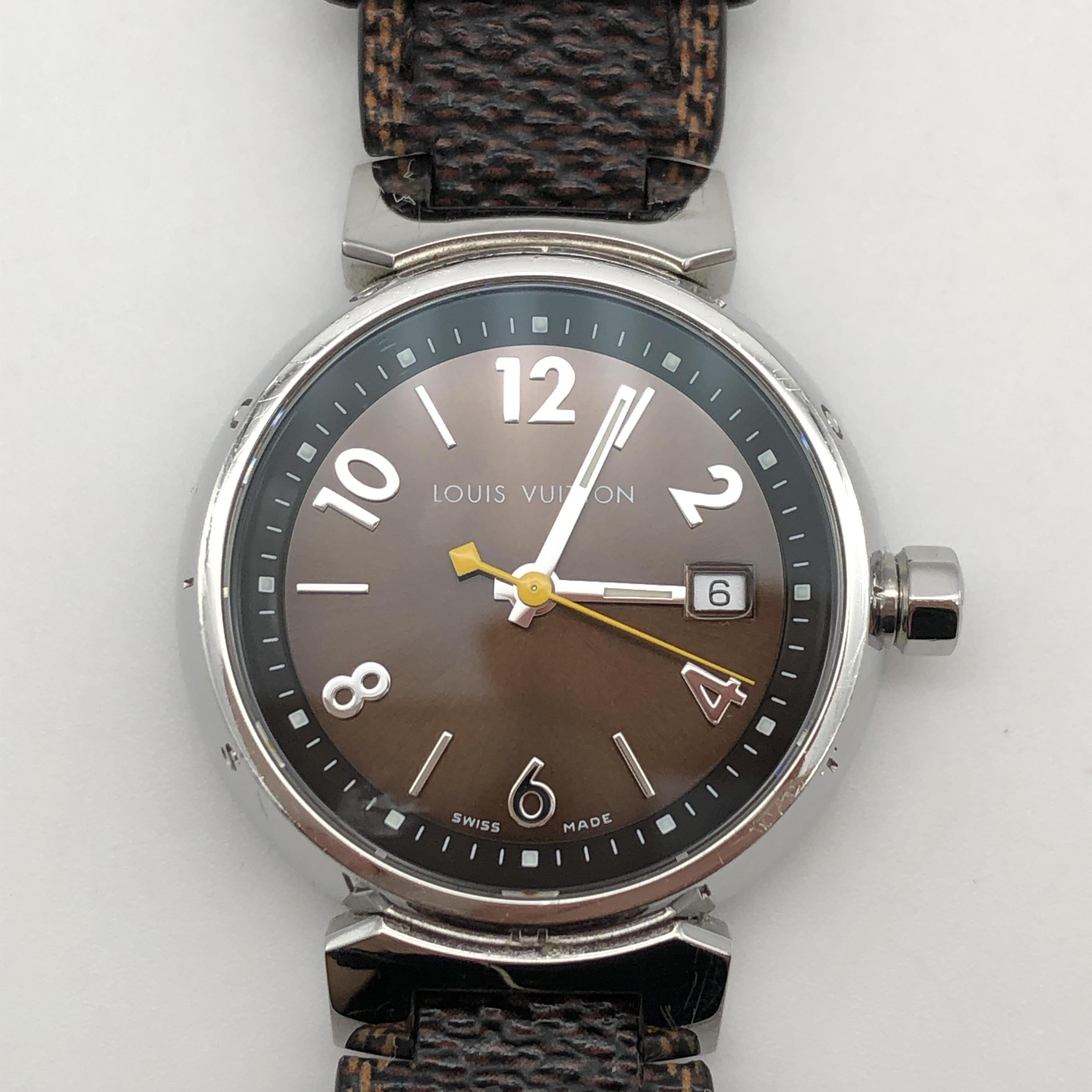 Louis Vuitton Louis Vuitton Tambour Brown Dial Watch, Quartz, Water Resistant, Stainless Steel/Leather C333686