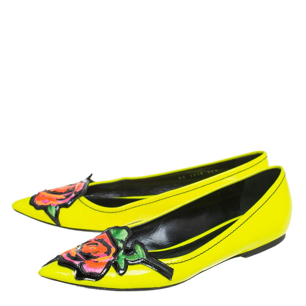 Louis Vuitton Louis Vuitton Yellow Leather Flower Embellished Pointed Ballet Flats Size 36.5 ASCLC1832