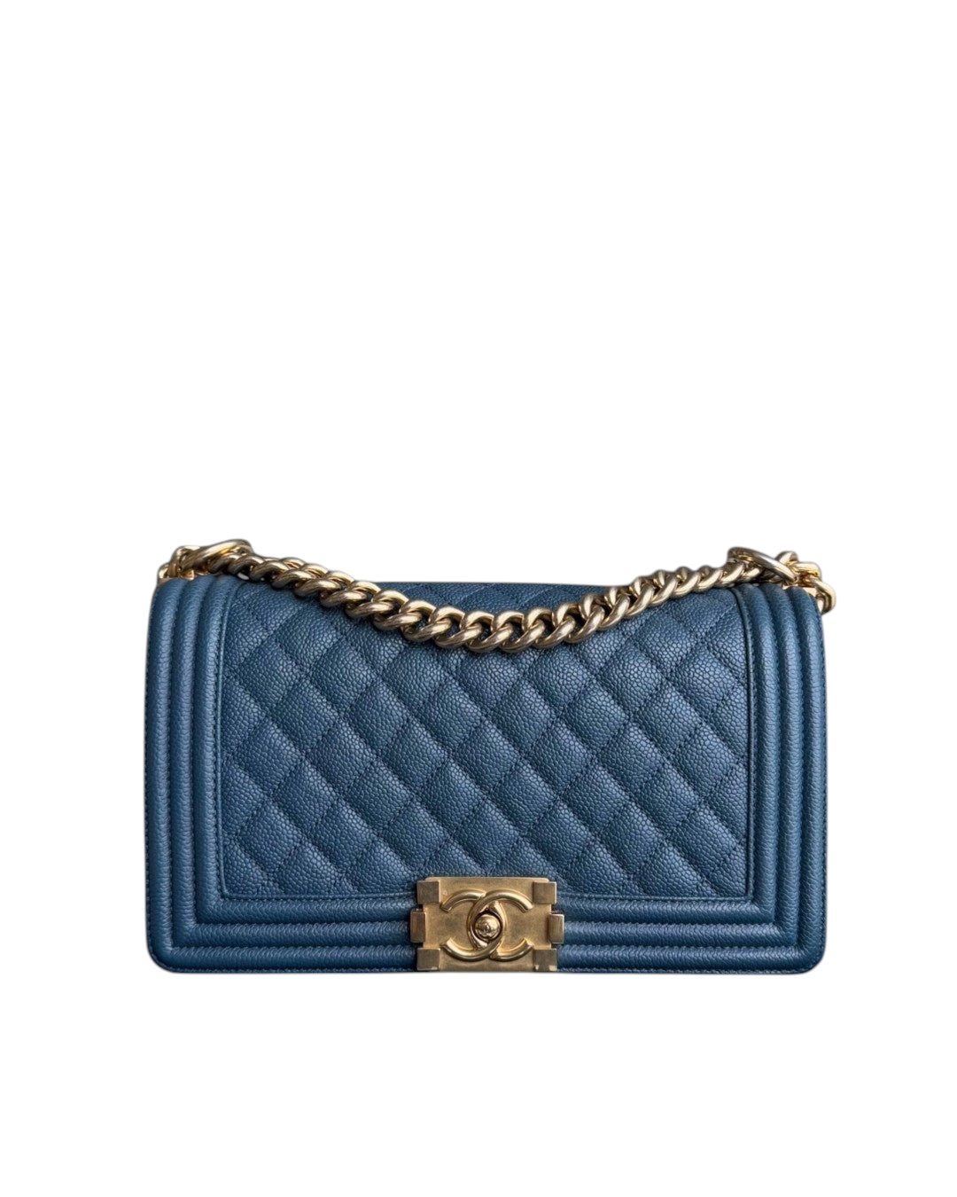 Luxury Evermore Chanel Boy Medium quilted blue caviar leather handbag with gold hardware and chain strap