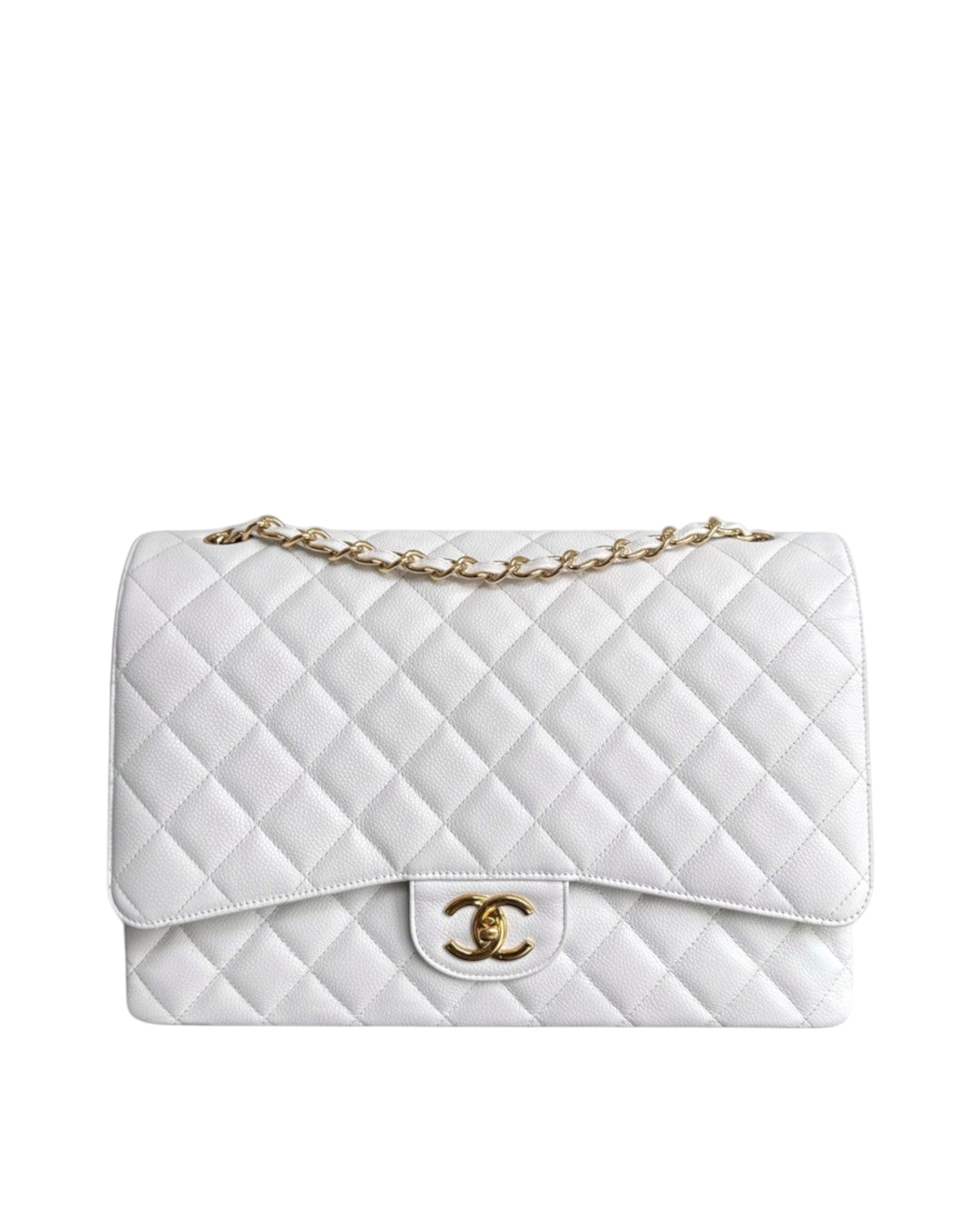 Luxury Evermore white quilted leather Maxi handbag with gold chain strap and iconic interlocking CC logo clasp