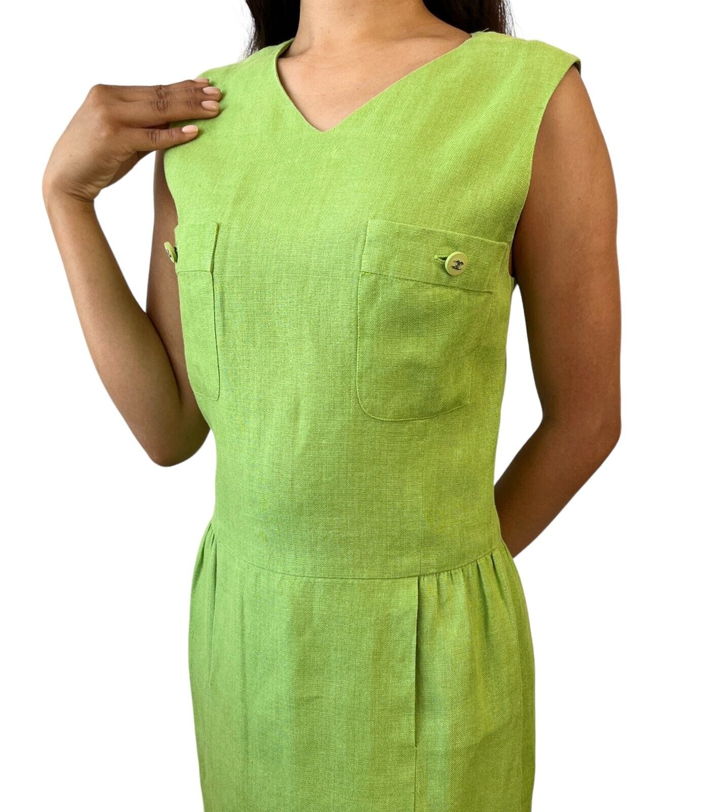 Luxury Fashion Spark CHANEL Vintage 96P CC Mark Logo Dress #38 Sleeveless Pocket Green Linen