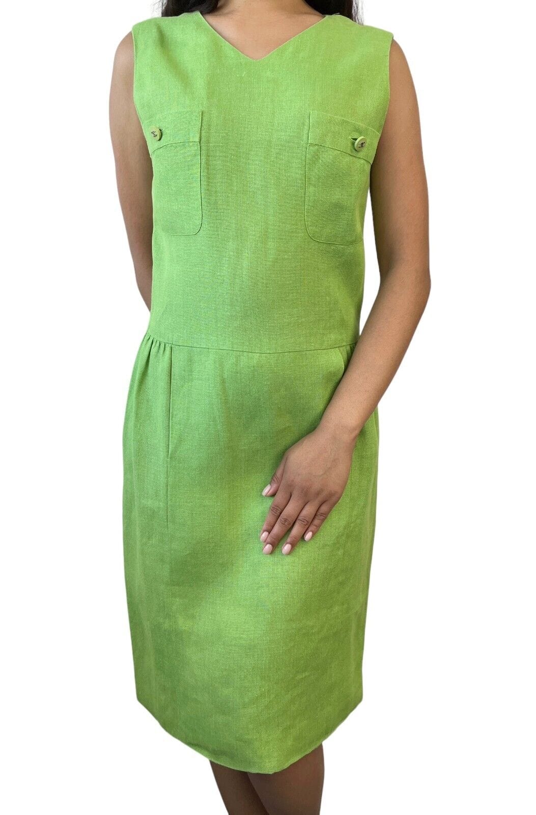 Luxury Fashion Spark CHANEL Vintage 96P CC Mark Logo Dress #38 Sleeveless Pocket Green Linen