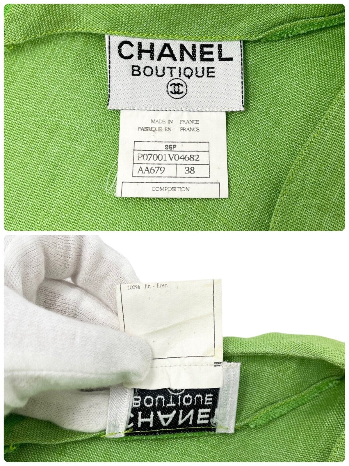 Luxury Fashion Spark CHANEL Vintage 96P CC Mark Logo Dress #38 Sleeveless Pocket Green Linen