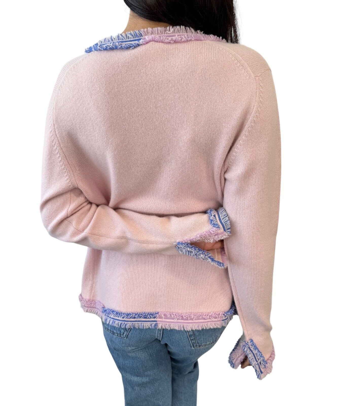 Luxury Fashion Spark CHANEL Vintage 05C Logo Open Front Cardigan #40 Light Pink Blue Cashmere Fringe