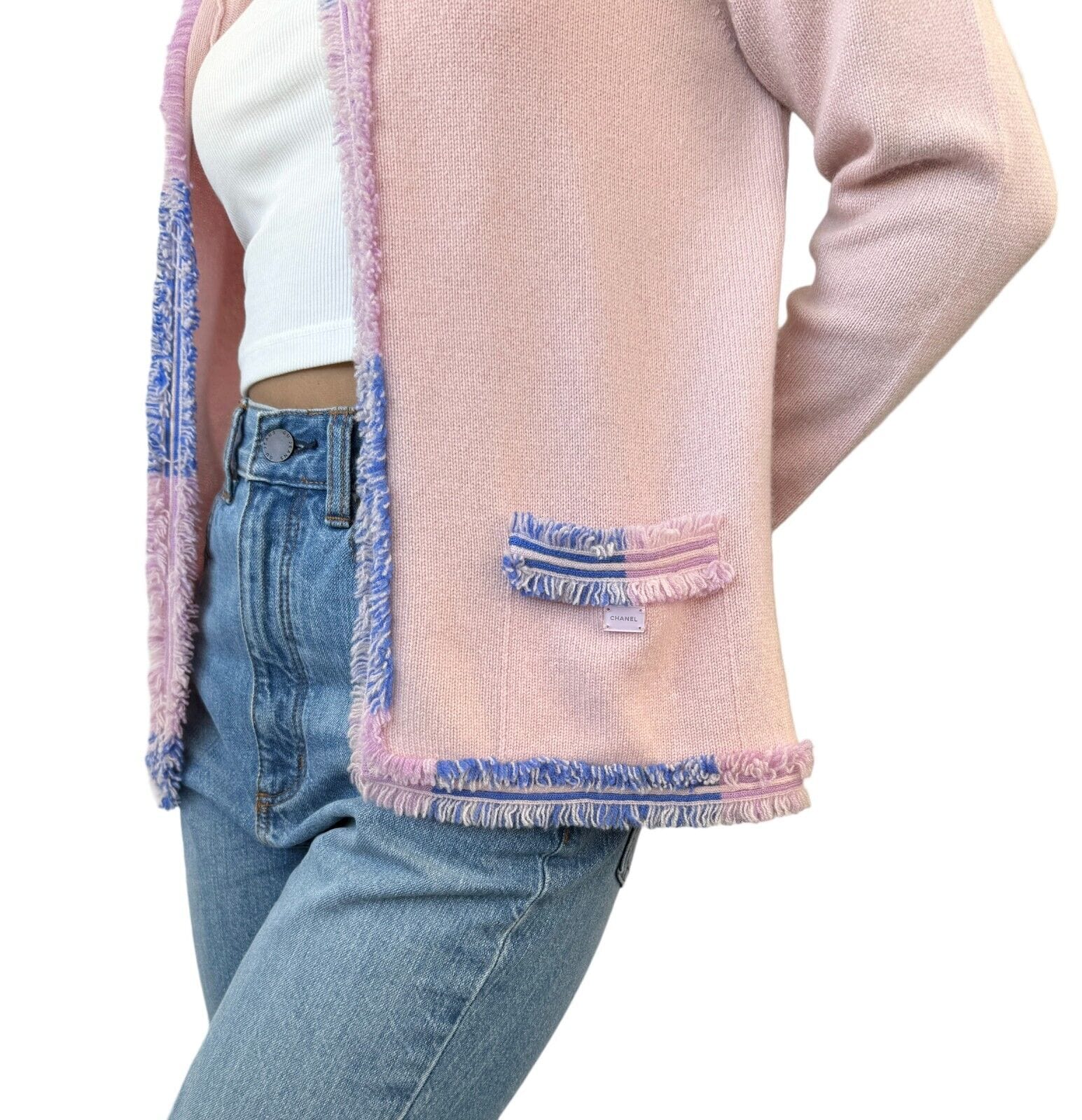 Luxury Fashion Spark CHANEL Vintage 05C Logo Open Front Cardigan #40 Light Pink Blue Cashmere Fringe