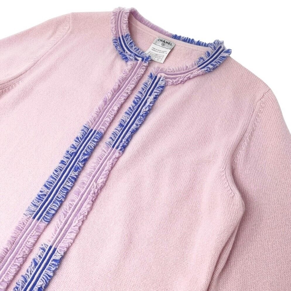 Luxury Fashion Spark CHANEL Vintage 05C Logo Open Front Cardigan #40 Light Pink Blue Cashmere Fringe