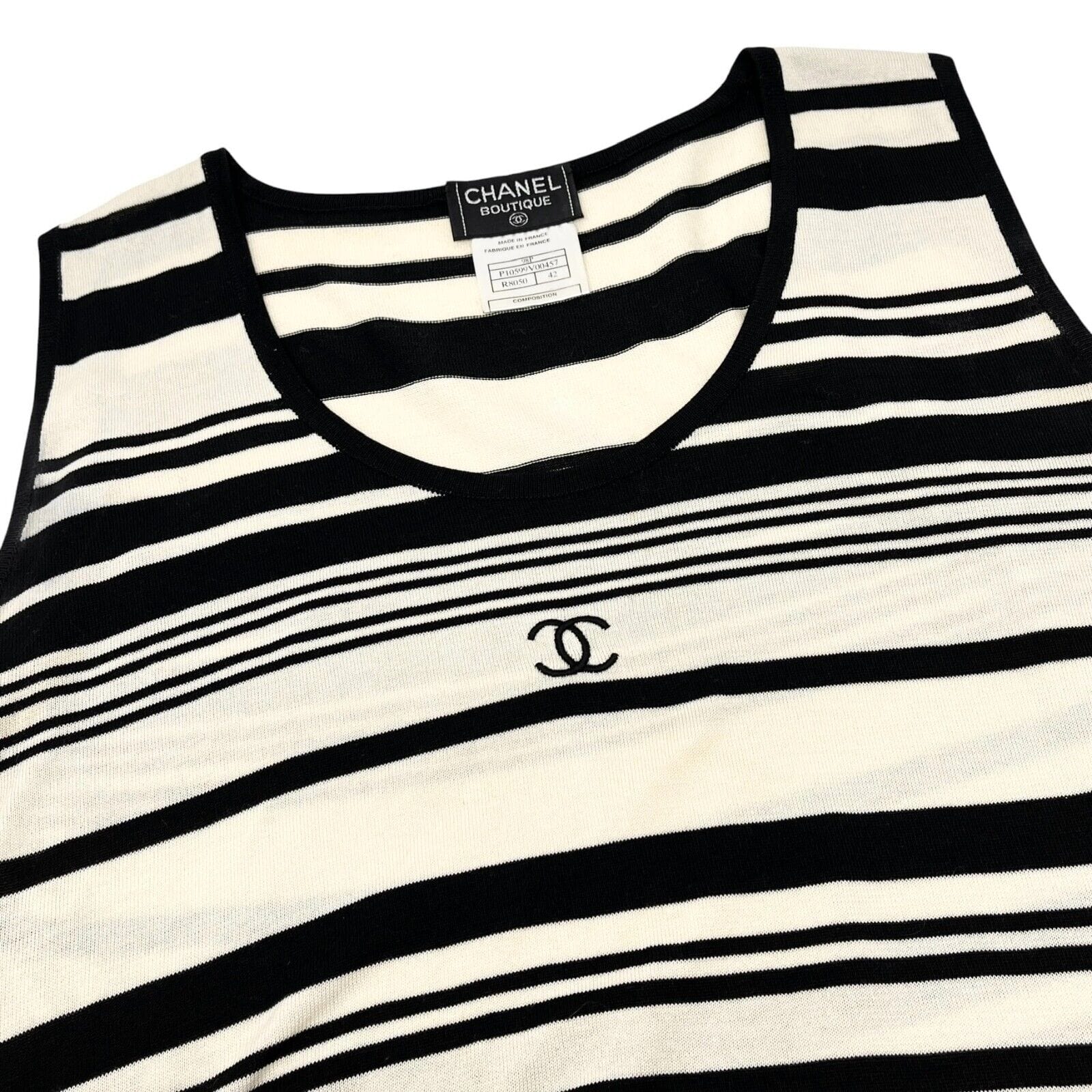 Luxury Fashion Spark CHANEL Vintage 98P CC Mark Logo Stripe Knit Tank Top #42 Cream Black Cotton