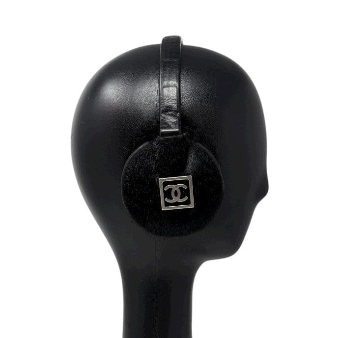 Luxury Promise CHANEL Sport Vintage CC Mark Logo Earmuffs Black Silver Pony Calf Hair Leather