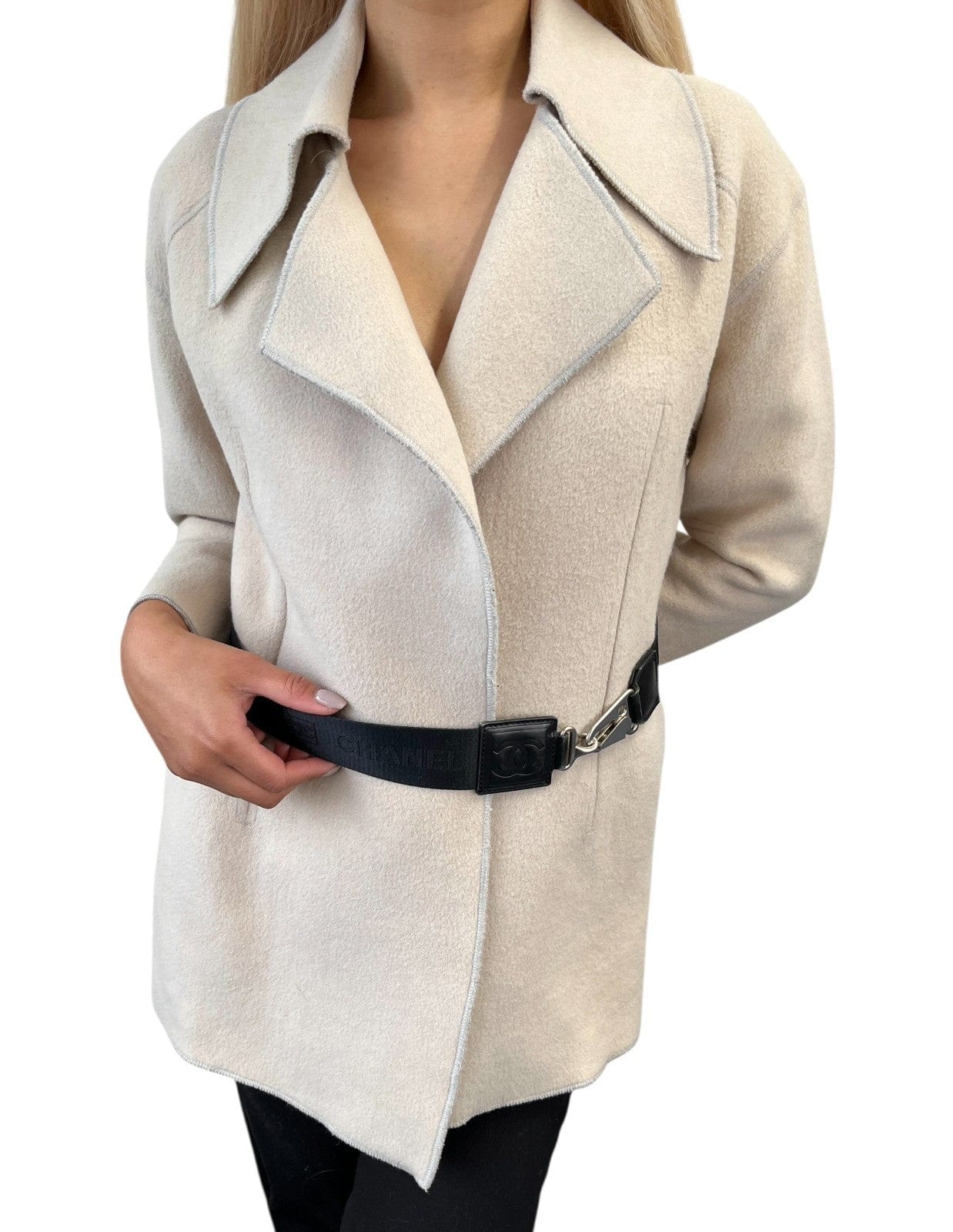 Luxury Promise CHANEL Sport Vintage CC Mark Logo Open Front Jacket Belt Beige Black Wool