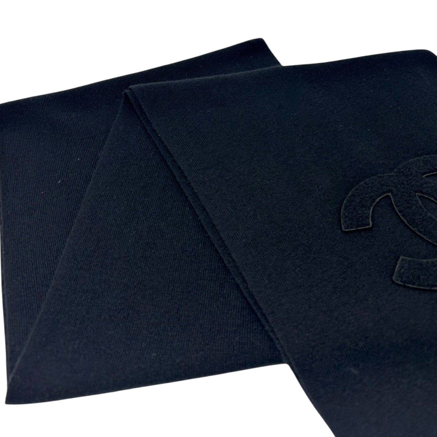 Luxury Promise CHANEL Vintage CC Big Logo Muffler Scarf Wrap Accessory Black Cashmere Patch