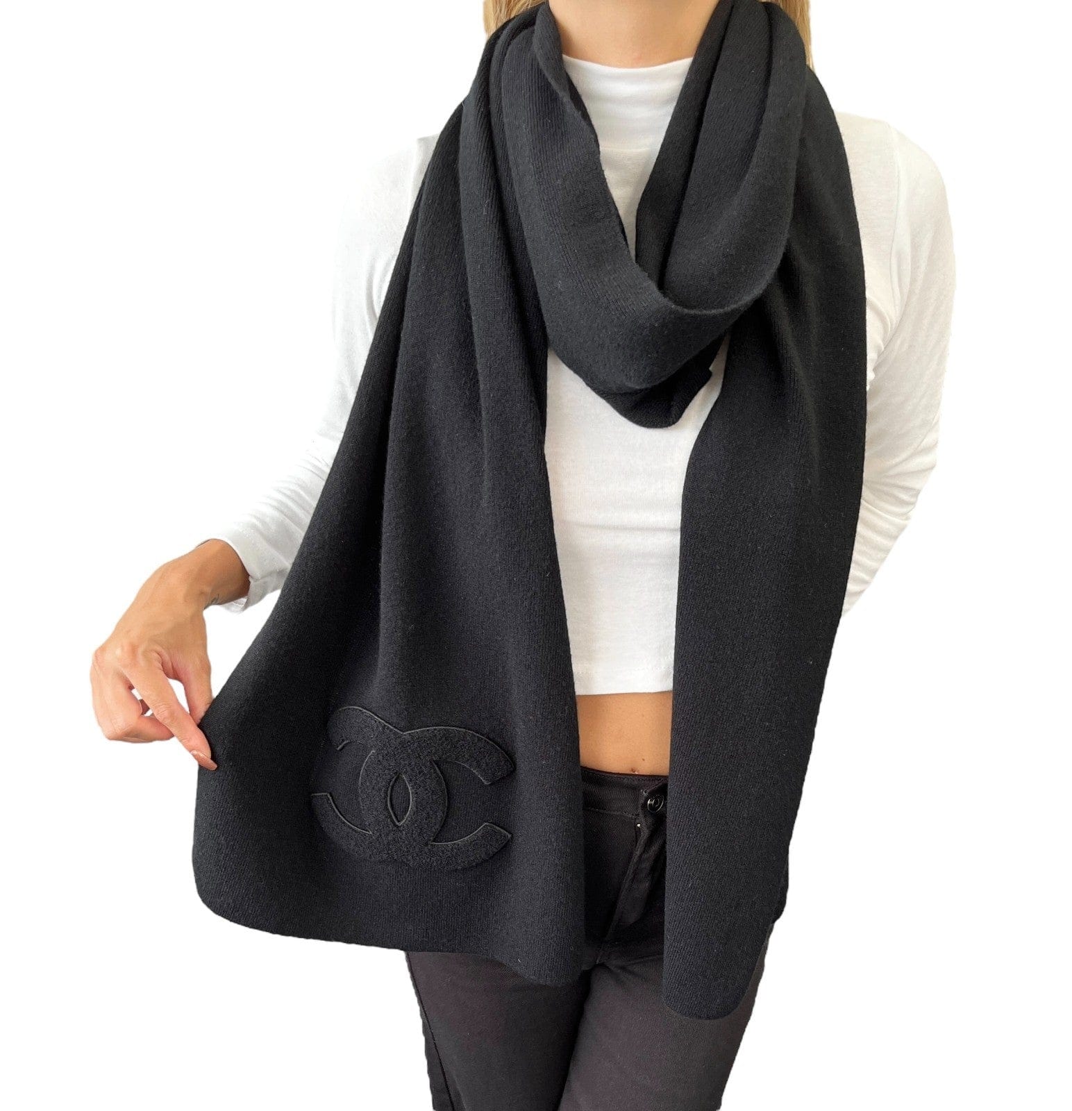 Luxury Promise CHANEL Vintage CC Big Logo Muffler Scarf Wrap Accessory Black Cashmere Patch