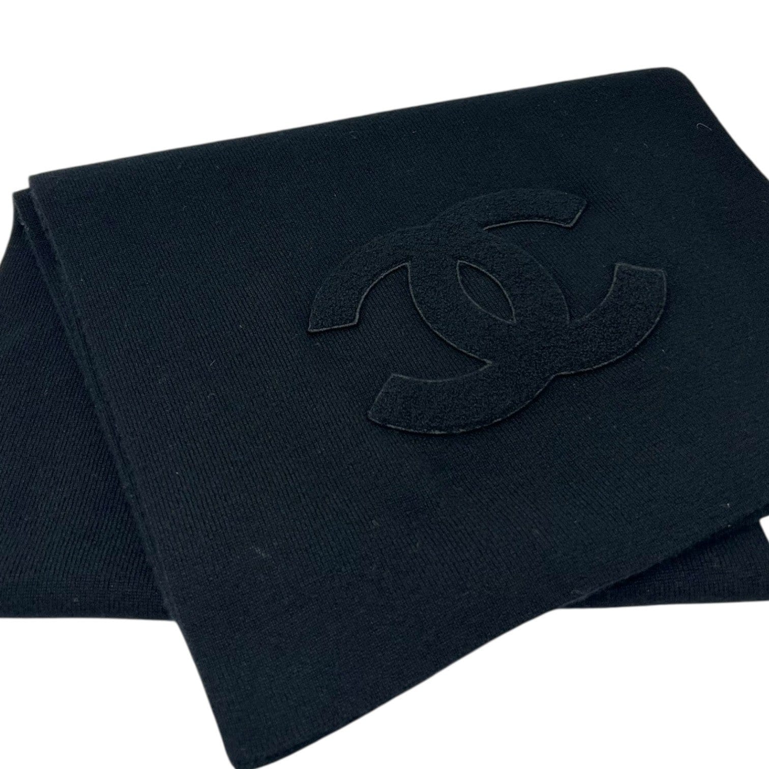 Luxury Promise CHANEL Vintage CC Big Logo Muffler Scarf Wrap Accessory Black Cashmere Patch