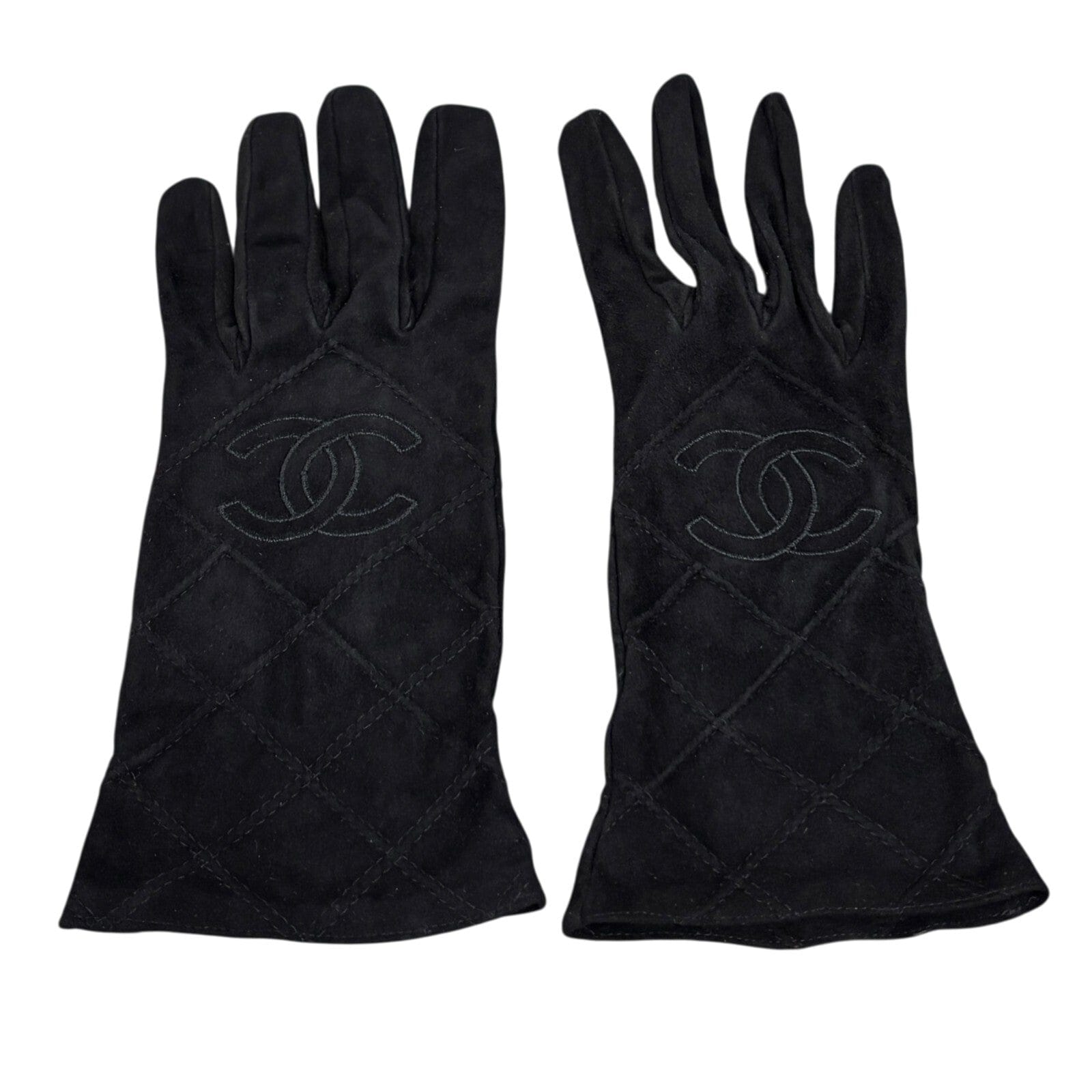 Luxury Promise CHANEL Vintage CC Mark Logo Matelasse Gloves #7.5 Accessory Black Suede Stitch