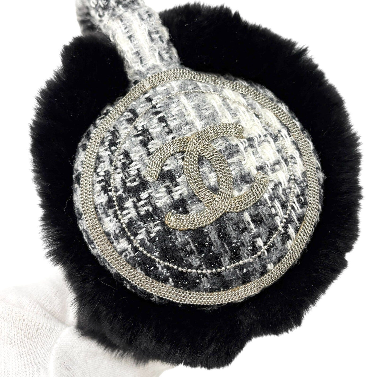 Luxury Promise CHANEL Vintage CC Mark Logo Tweed Earmuffs Fur Accessory Black White Cotton