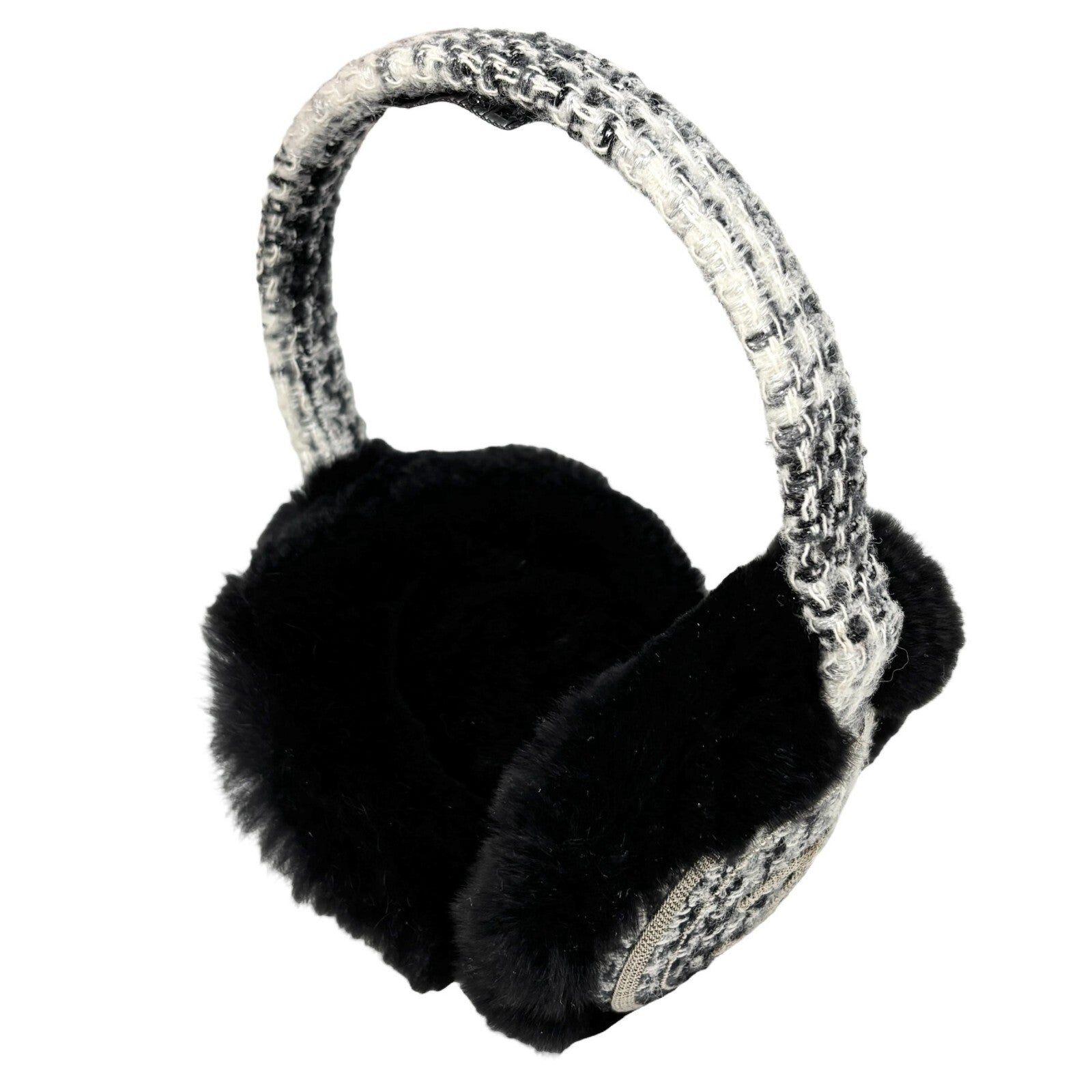 Luxury Promise CHANEL Vintage CC Mark Logo Tweed Earmuffs Fur Accessory Black White Cotton