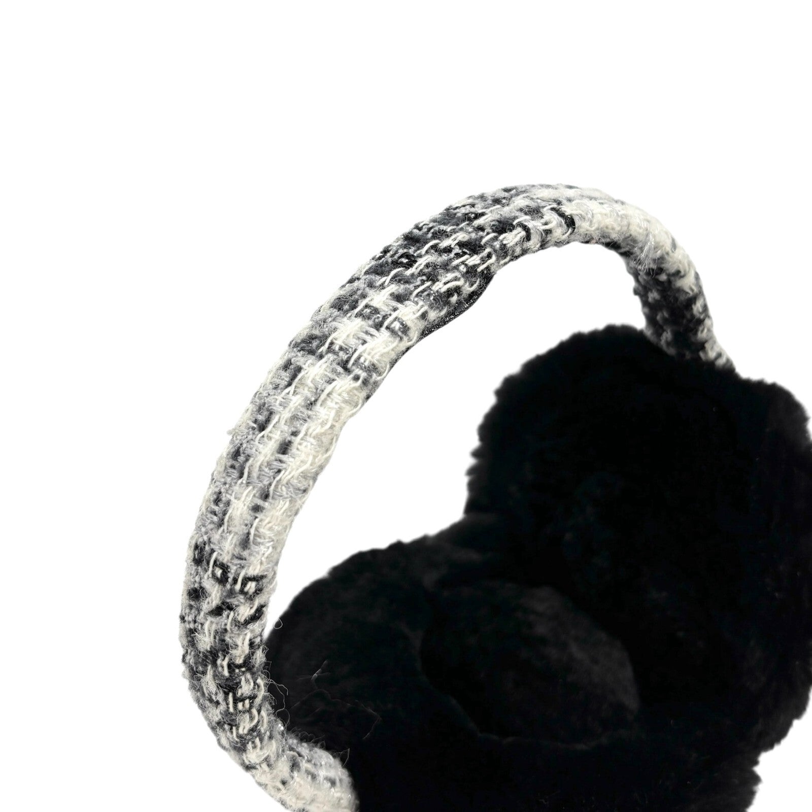 Luxury Promise CHANEL Vintage CC Mark Logo Tweed Earmuffs Fur Accessory Black White Cotton