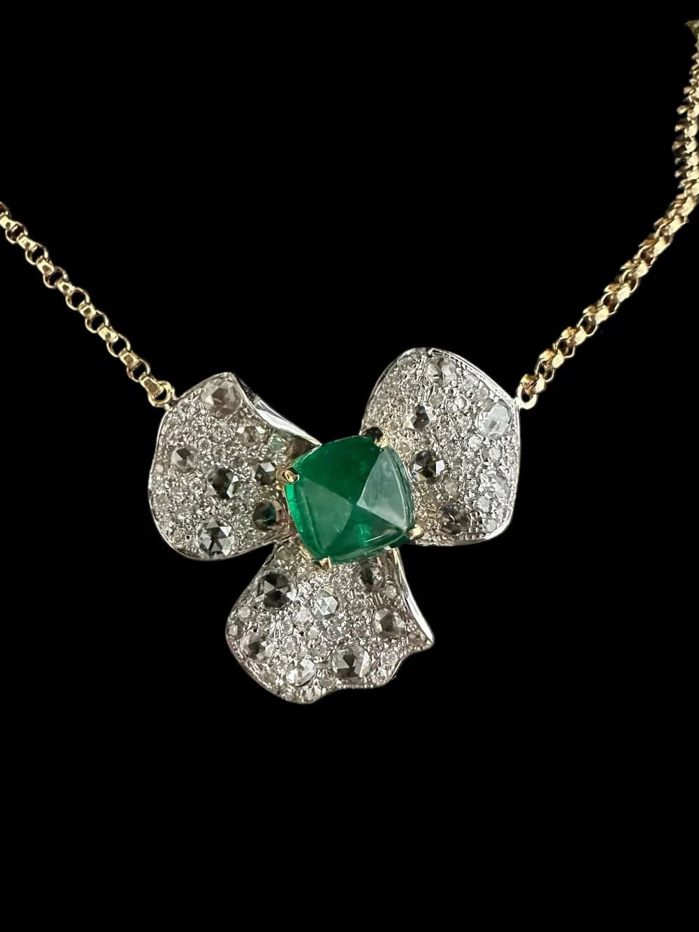 Luxury Promise Emerald Centre & Diamond Flower Pendant set in 18K White Gold with 18K Yellow Gold Chain - DXBS1092