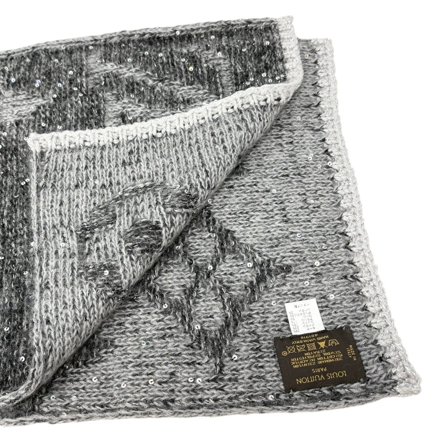 Luxury Promise LOUIS VUITTON Vintage Monogram Logo Knit Sequins Scarf Muffler Wrap Gray Mohair