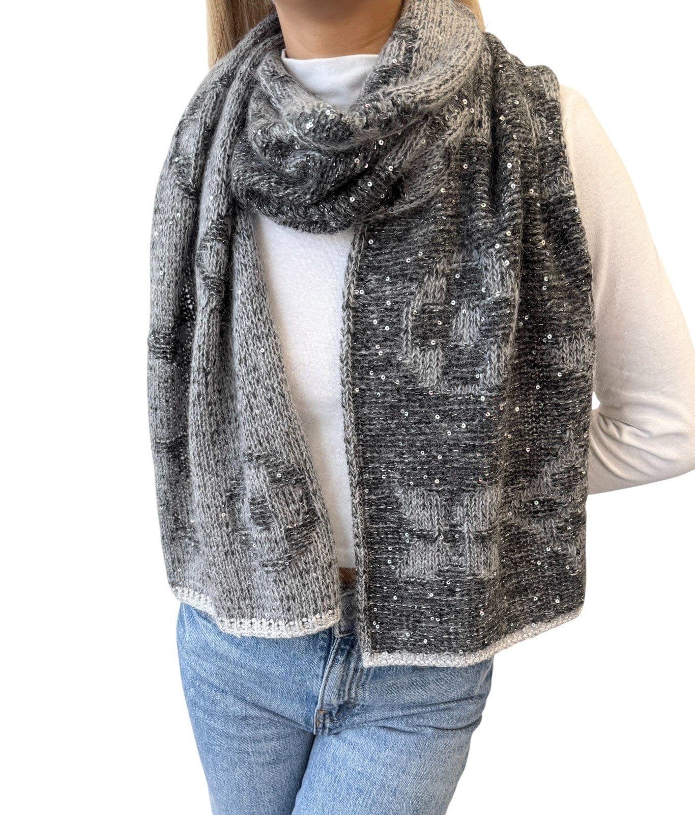 Luxury Promise LOUIS VUITTON Vintage Monogram Logo Knit Sequins Scarf Muffler Wrap Gray Mohair